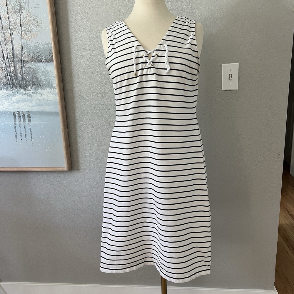 Ralph Lauren Black & White Striped Knit Dress Lace Up Large Vacation Nautical